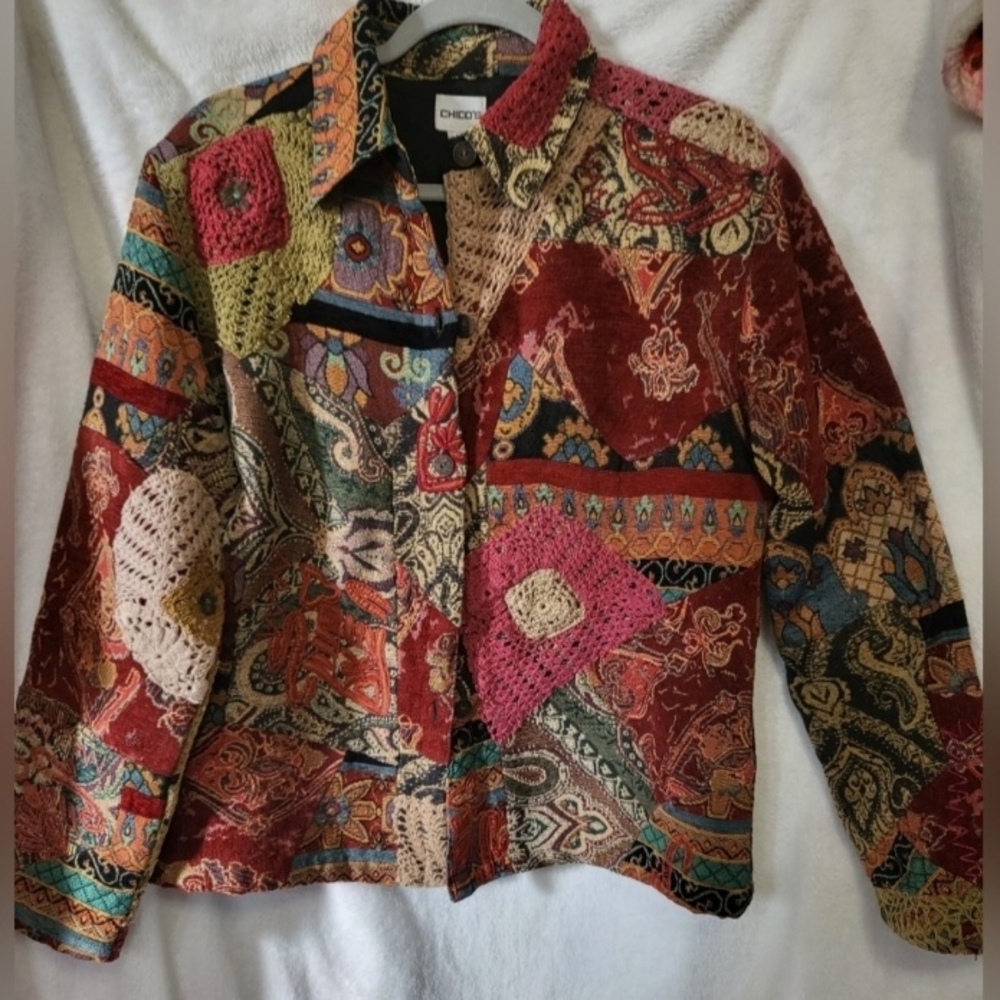 Chico's Red and Green Blazer with Ornate Pattern